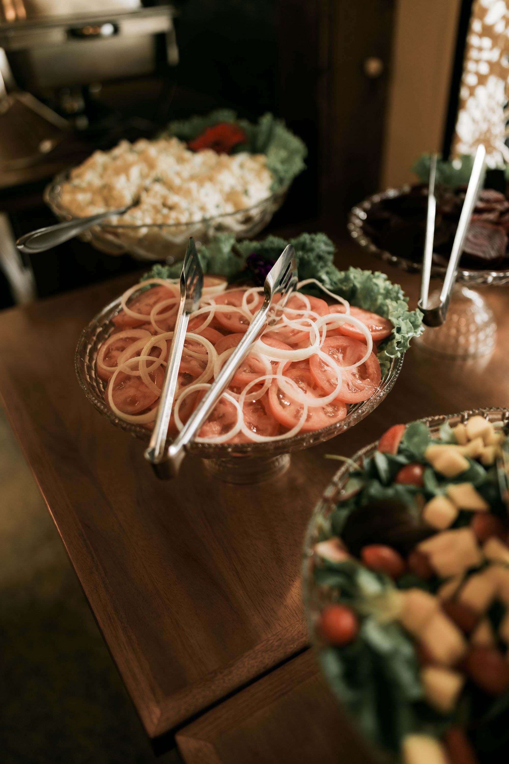 Buffet dishes prepared for a catered gathering
