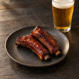 Exactly two small glazed tea-smoked pork ribs on a plate with a simple unbranded glass of golden lager behind