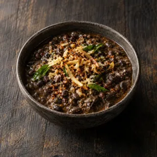 A small bowl of dark black-bean dal with coconut sofrito and burnt ginger