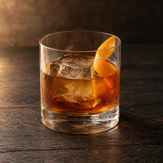 An amber bourbon Old Fashioned with cacao and miso caramel in a simple clear rocks glass, one large clear ice cube and a restrained orange twist. No milky chocolate drink