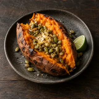 One split coal-roasted orange sweet potato, miso butter, green pumpkin seeds and lime