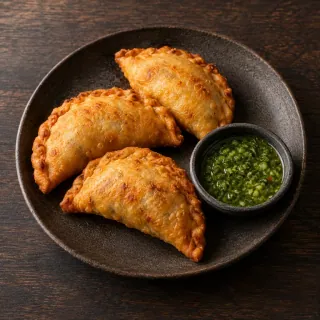 Three small golden fried folded crescent dumpling empanadas filled with buffalo meat, cumin and scallion, green chilli salsa alongside