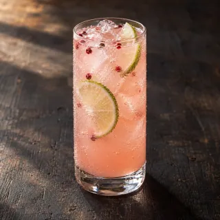 A pastel pink guava, lime and soda fizz in a clear highball glass, small ice cubes and a few pink peppercorns. An unbranded alcohol-free drink