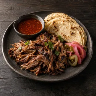 Tender shredded cooked lamb shoulder with red miso broth in a small side bowl, tortillas and pickles