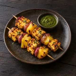 Two skewers of golden grilled paneer cheese cubes, pineapple and onion, a little green shiso chutney