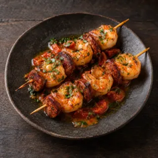 Two skewers alternating naturally shaped peeled prawns and slices of chorizo, with tomato and coriander oil