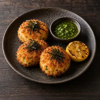 Three golden crumbed fish croquettes with nori, a small dish of green aji sauce and charred lemon