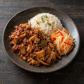 Pulled smoked jackfruit in adobo, coconut rice and pickled papaya