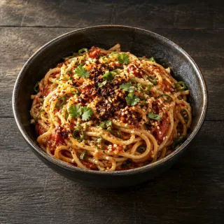 A bowl of noodles coated in smoky tomato sauce, sesame, herbs and crisp chilli
