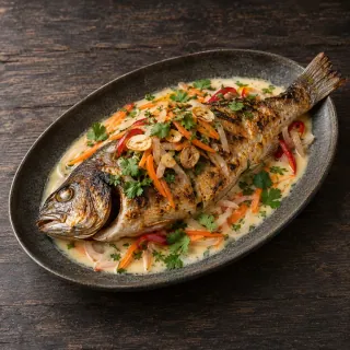 One naturally proportioned cooked whole grilled fish on an oval ceramic plate with coconut escabeche, herbs and crispy garlic