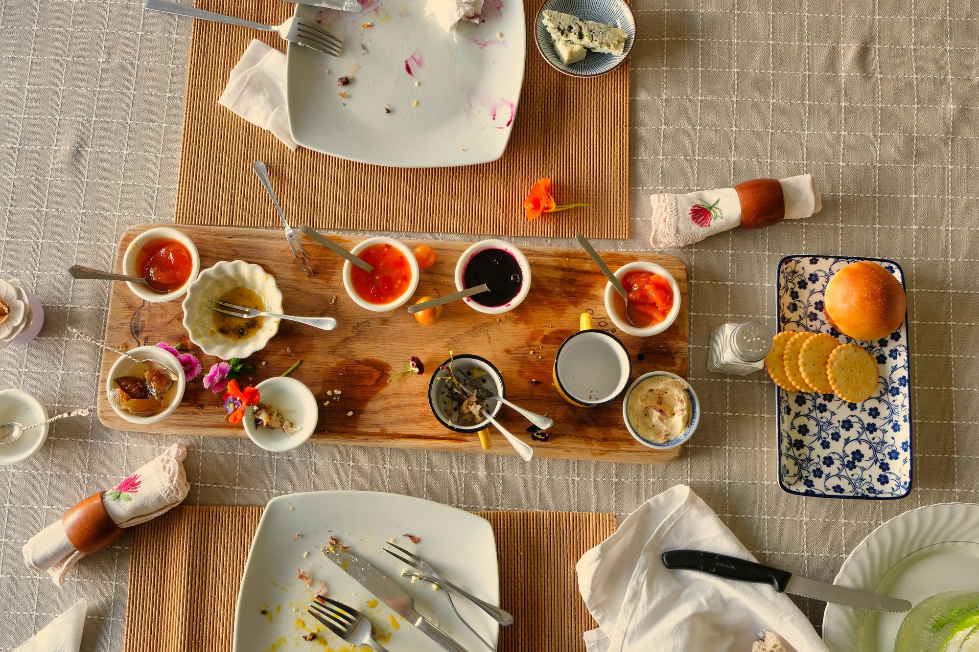 Restaurant table laid with sharing plates