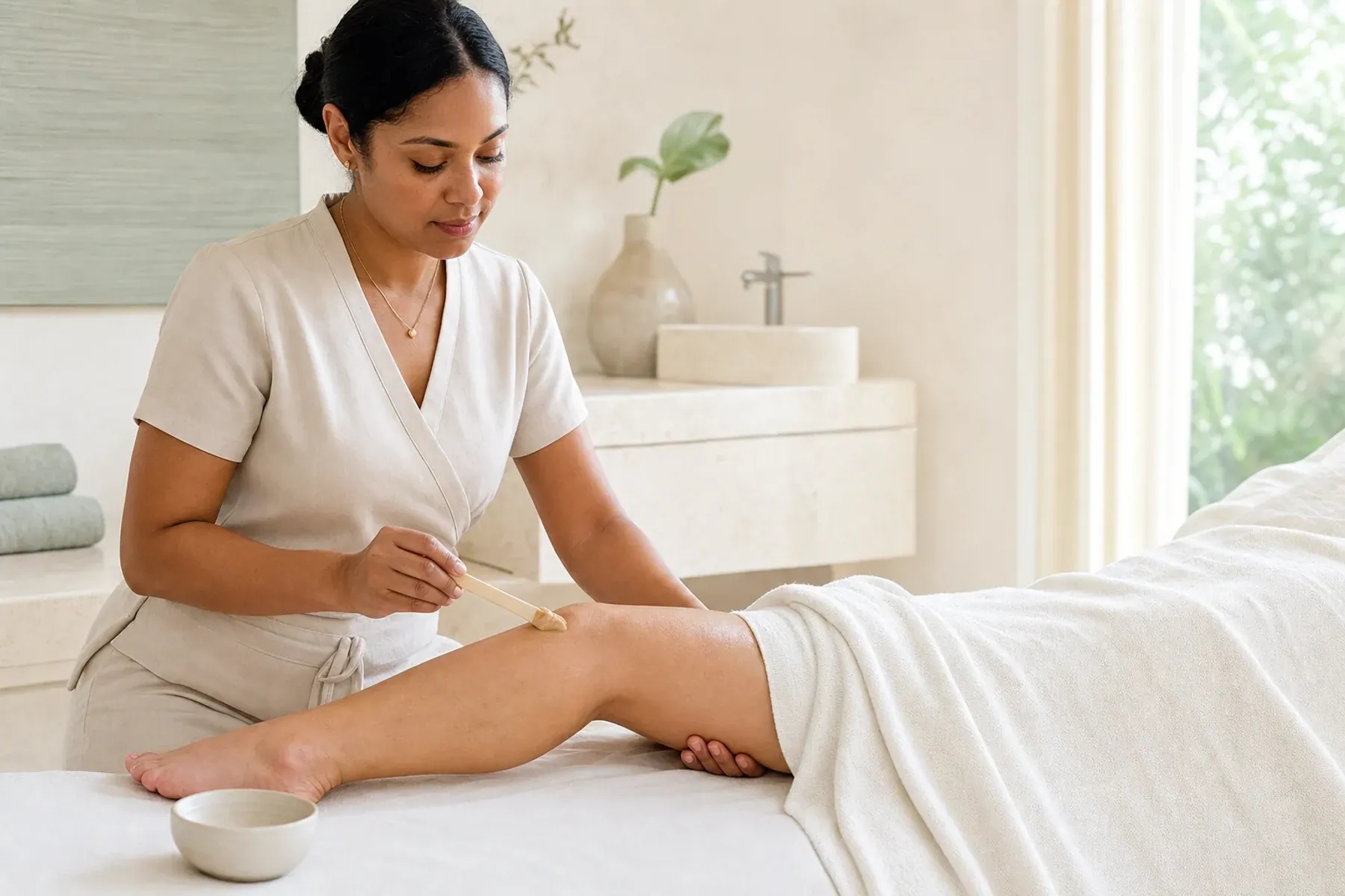 Esthetician carrying out a professional lower-leg waxing treatment in a bright private room
