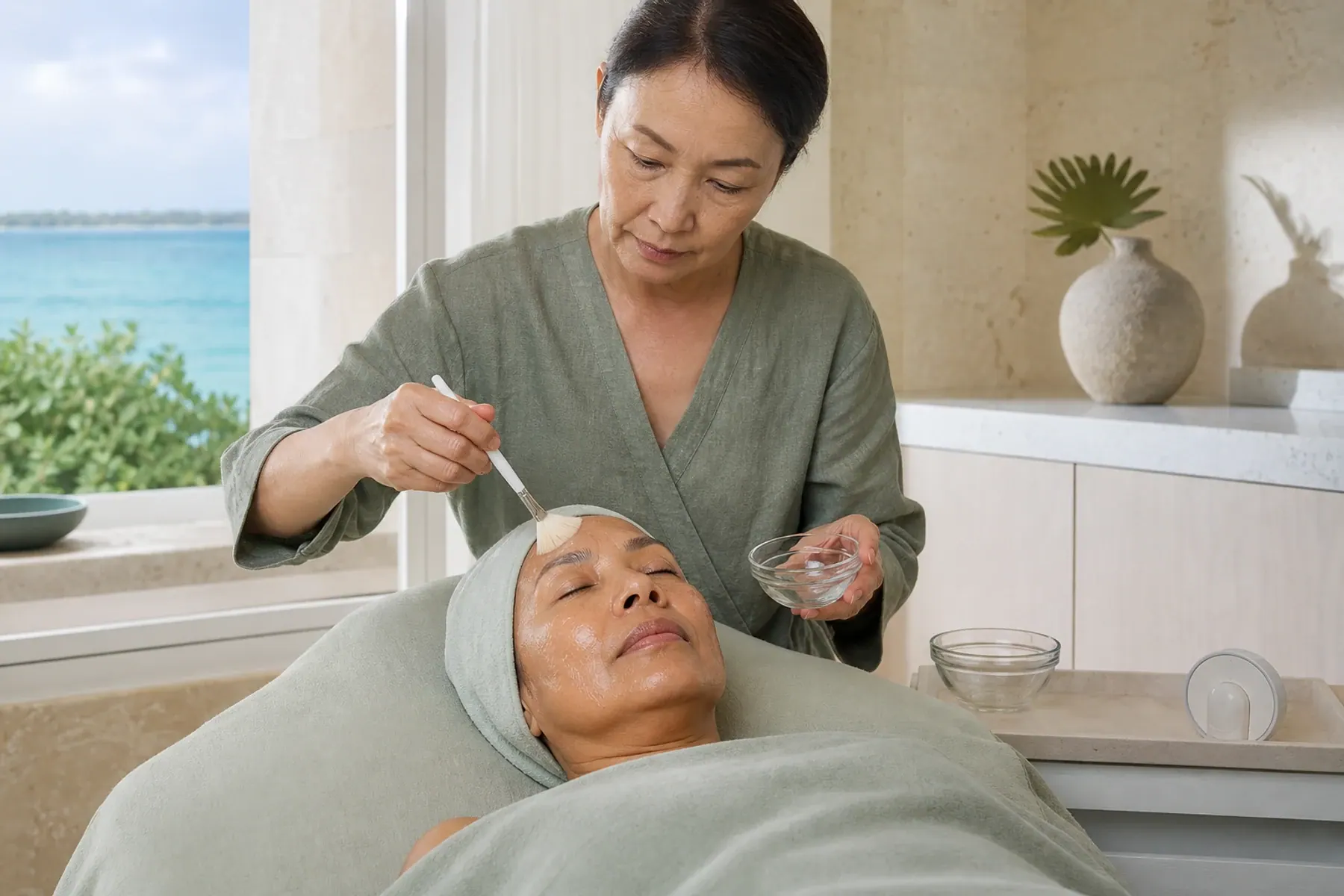 Esthetician applying a translucent peel solution to a mature adult client's forehead