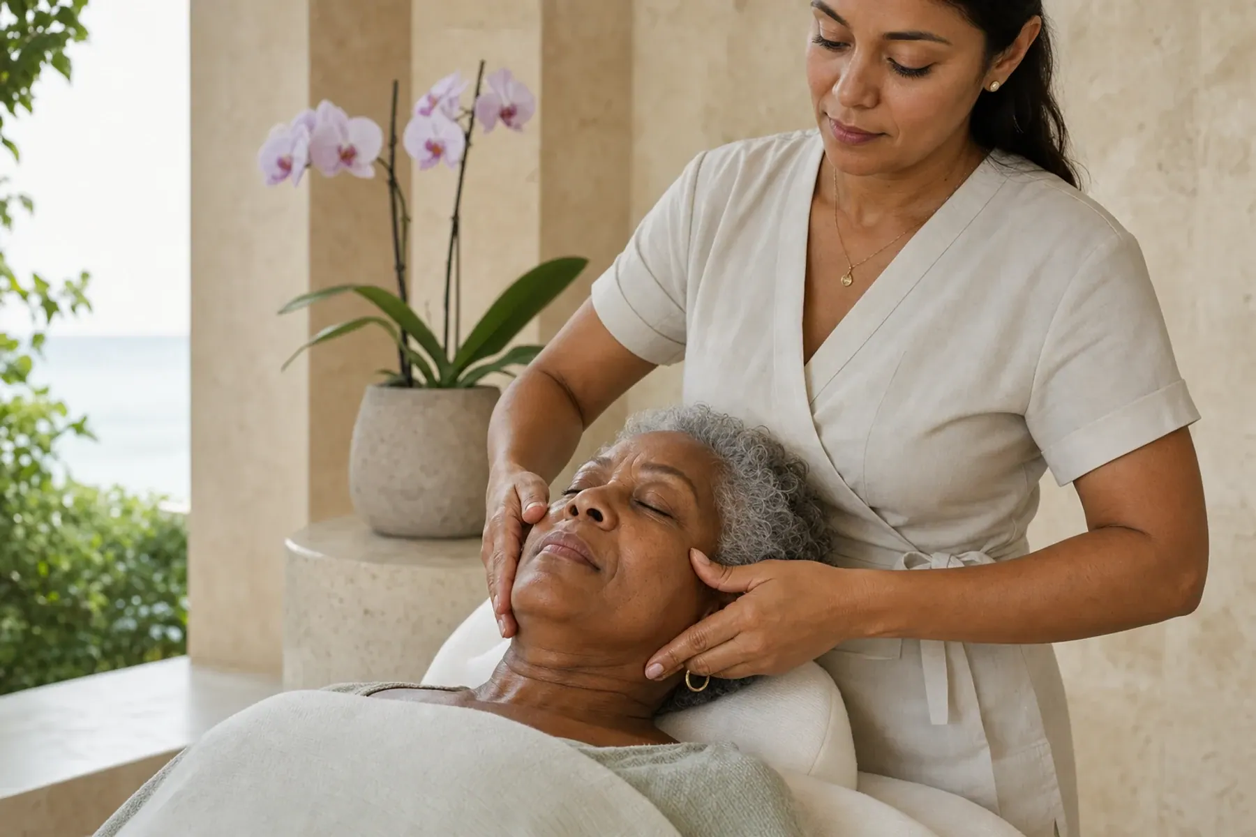 Skin therapist performing a two-handed facial massage for a mature adult client