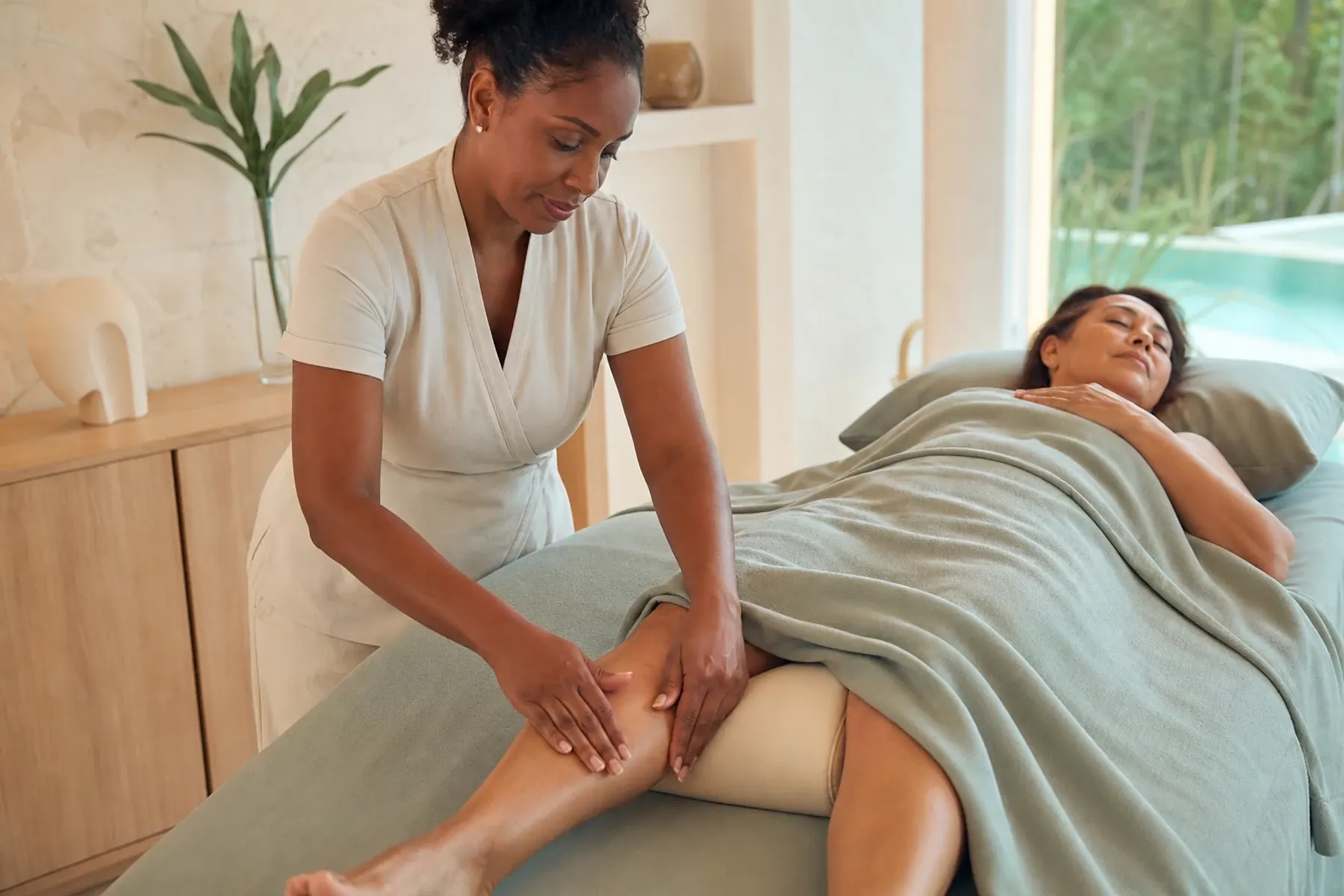 Massage therapist using light flat-hand strokes along a supported adult client's lower leg