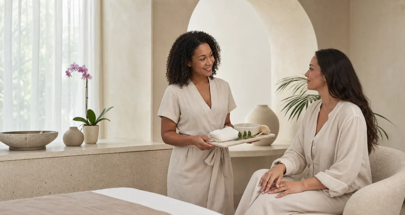 Skincare therapist discussing a personalized treatment ritual with a client