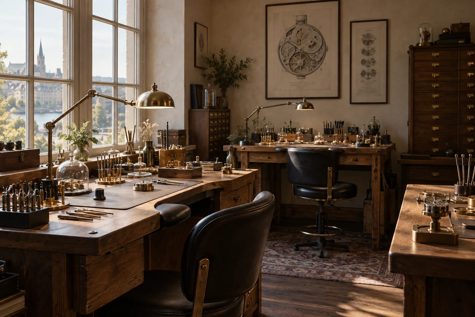 A quiet watchmaking atelier with timber benches and daylight from tall windows