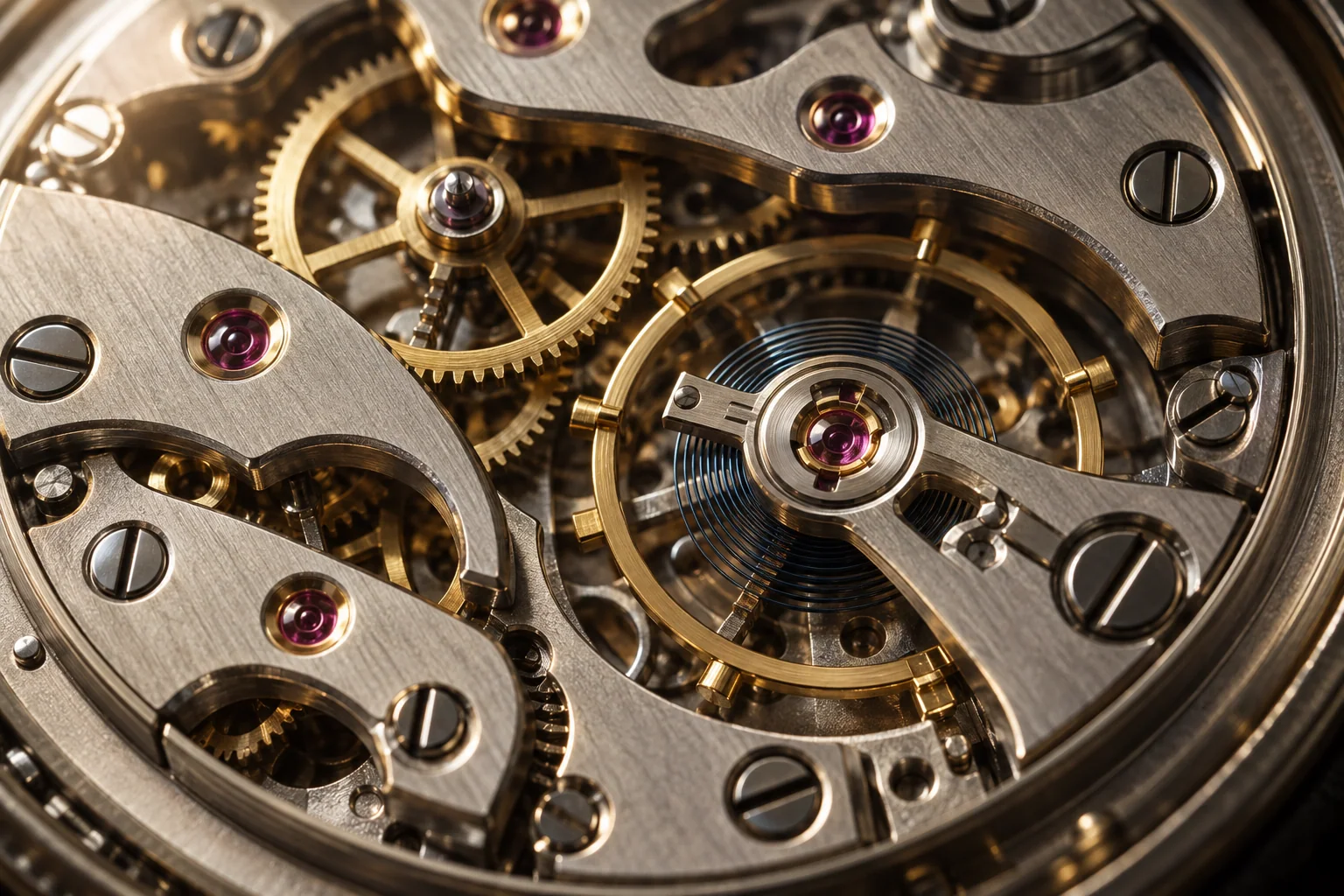 Close view of a mechanical watch movement with gold gears, bridges and ruby bearings