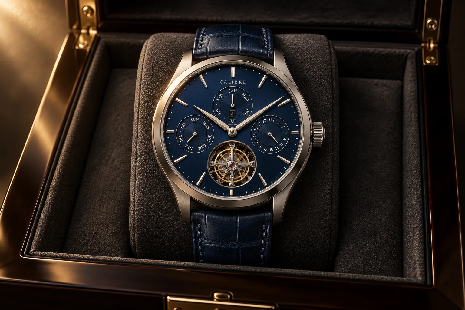 A CALIBRE sapphire timepiece resting in an open obsidian presentation box