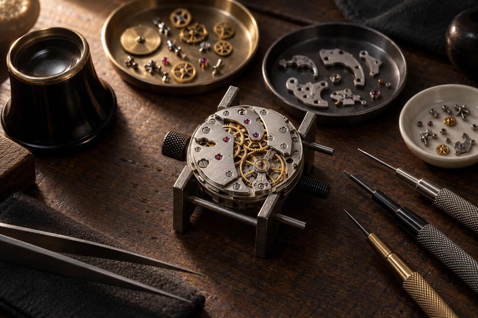 A watchmaker’s workbench with a mechanical movement, loupe and precision hand tools