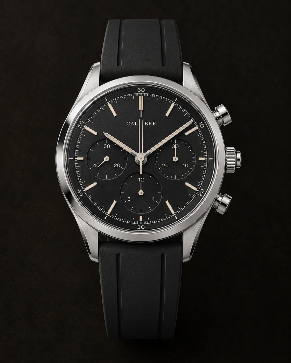 Chrono Rattrapante, Carbone Noir: front view with black rubber strap