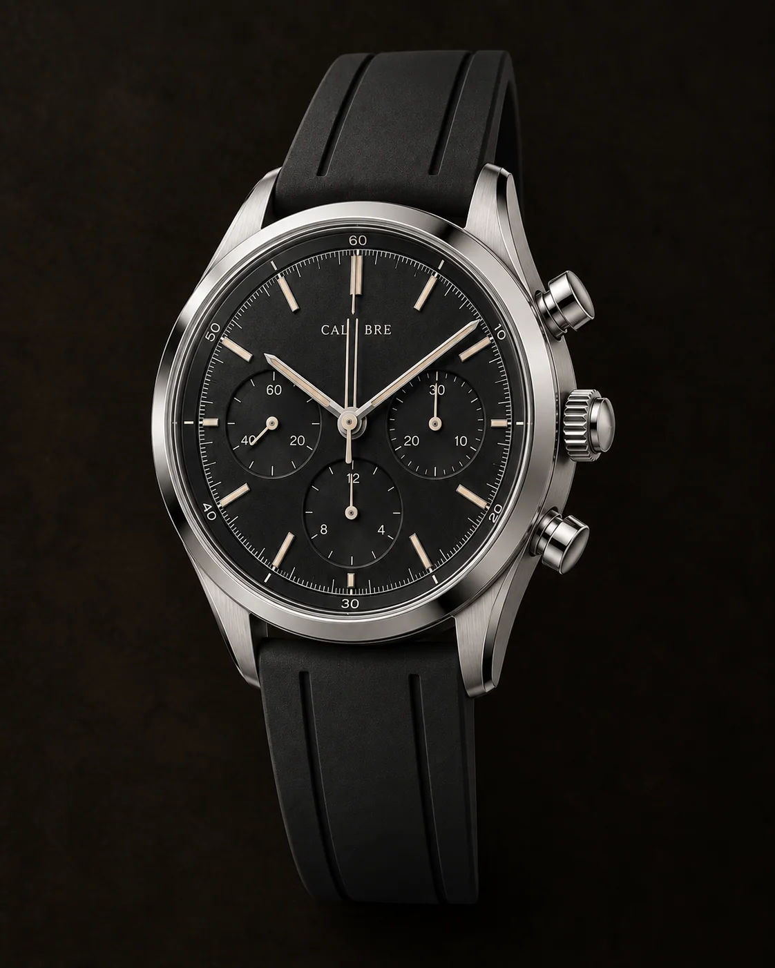 Chrono Rattrapante, Carbone Noir: oblique view with black rubber strap