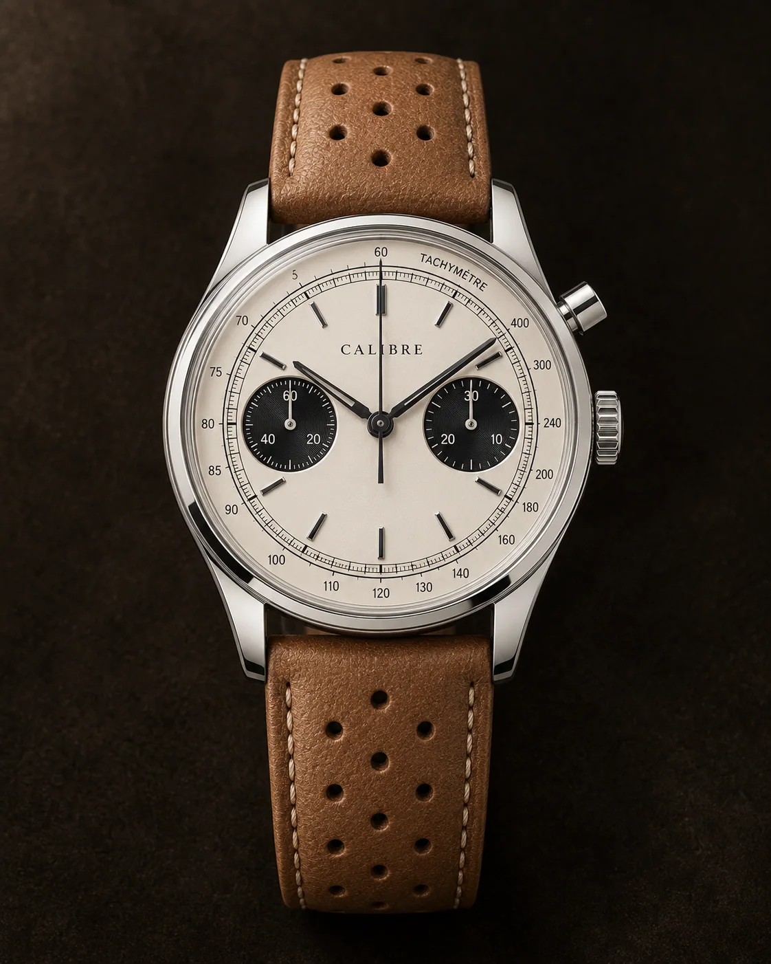 Monopusher Chronograph, Argenté Racing: front view with tan perforated leather