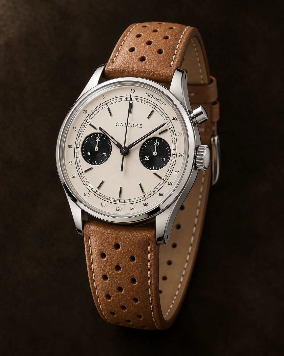 Monopusher Chronograph, Argenté Racing: oblique view with tan perforated leather