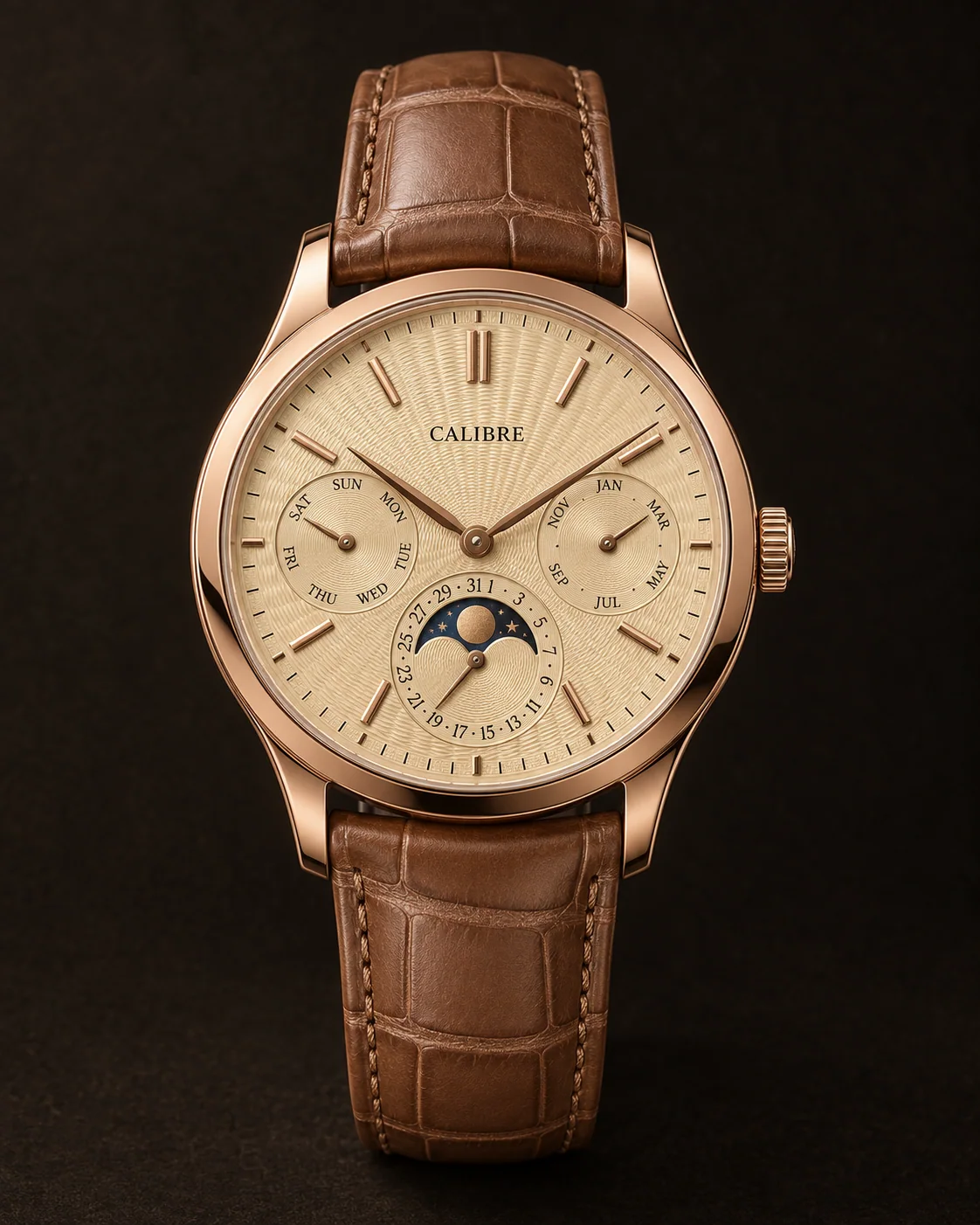 Dress Perpetuel, Champagne Guilloché: front view with tan alligator leather