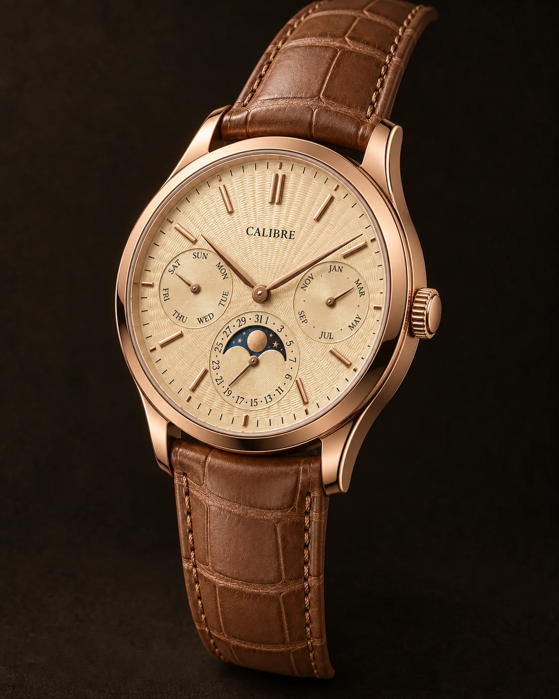 Dress Perpetuel, Champagne Guilloché: oblique view with tan alligator leather