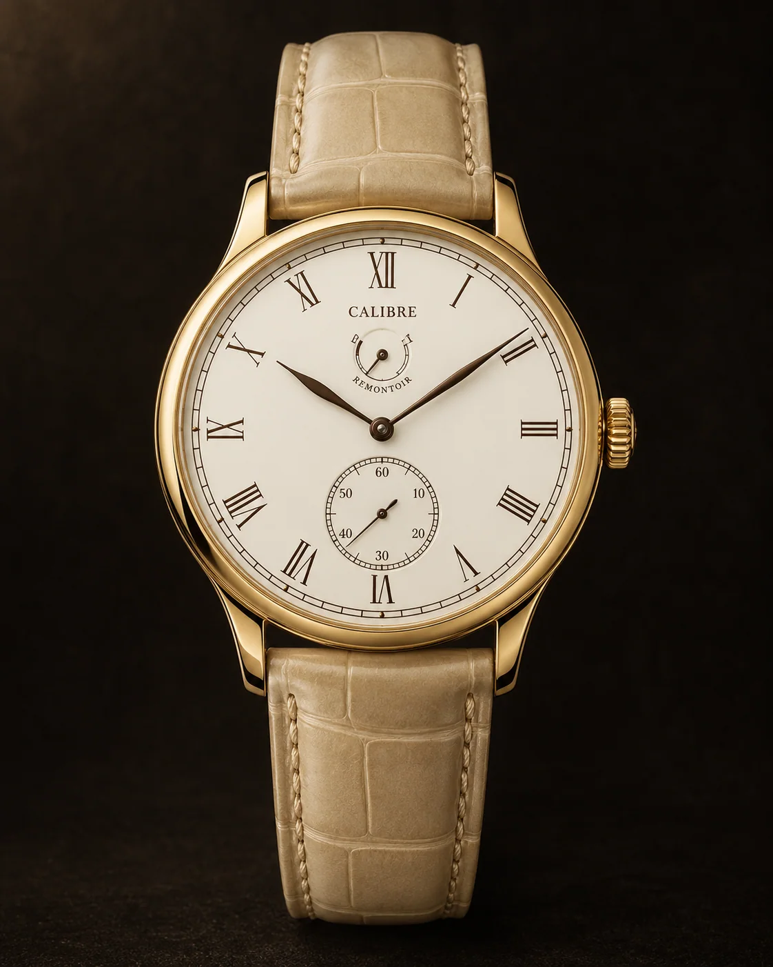 Heritage Remontoir, Grand Feu Blanc: front view with ecru alligator leather