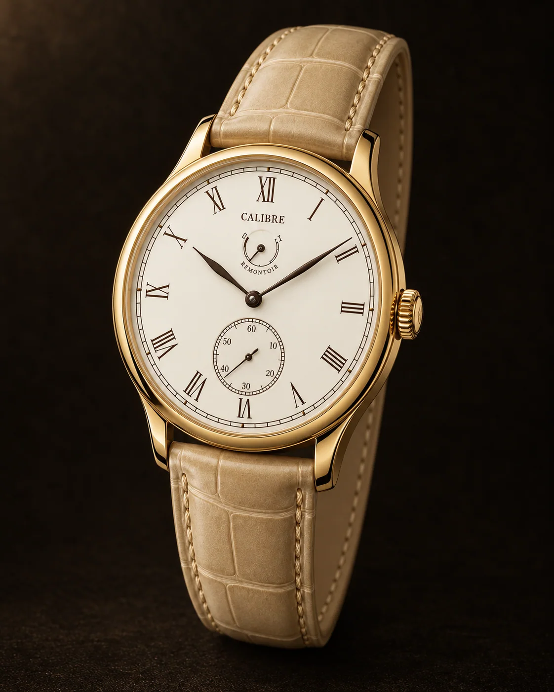 Heritage Remontoir, Grand Feu Blanc: oblique view with ecru alligator leather