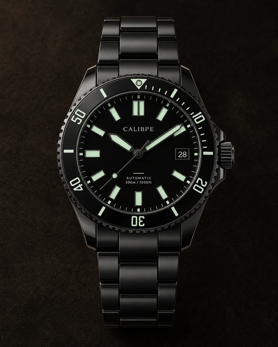 Dive Master, Abyss Noir: front view with three-link ceramic bracelet