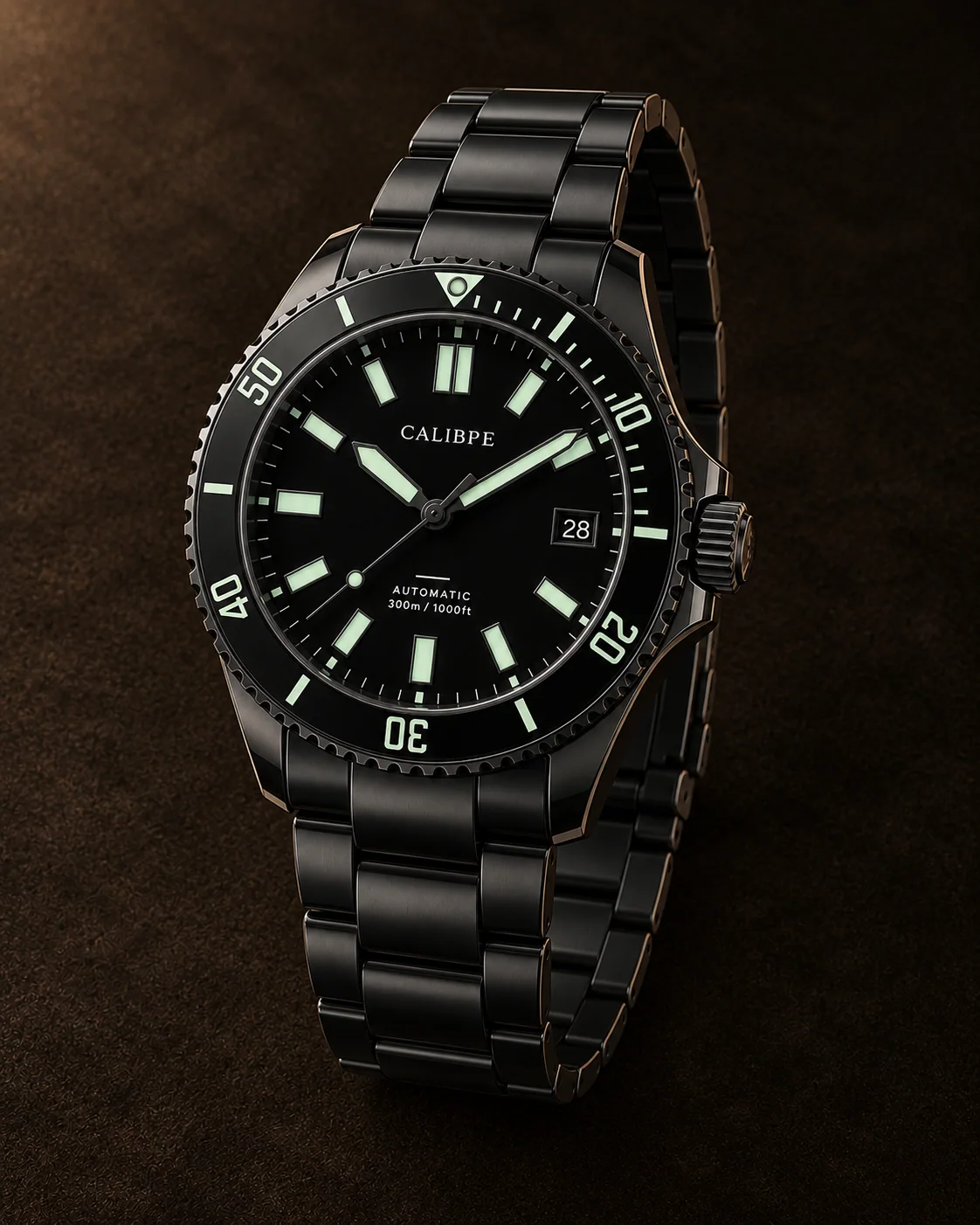 Dive Master, Abyss Noir: oblique view with three-link ceramic bracelet