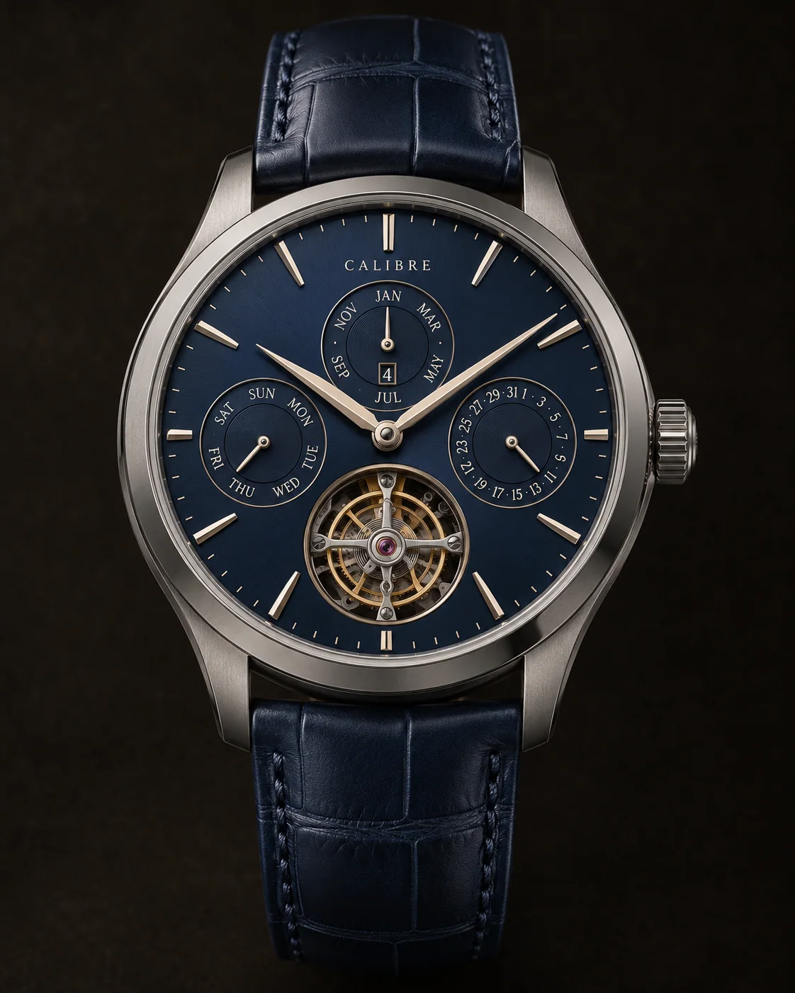Tourbillon Perpetuel, Midnight Sapphire: front view with navy alligator leather