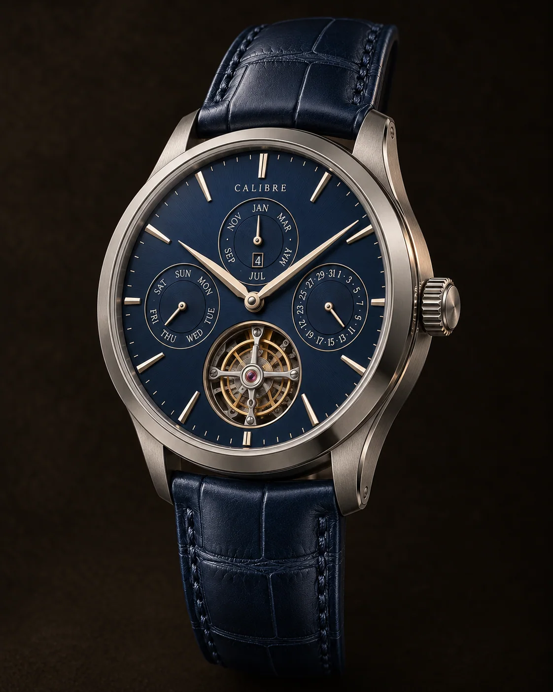 Tourbillon Perpetuel, Midnight Sapphire: oblique view with navy alligator leather