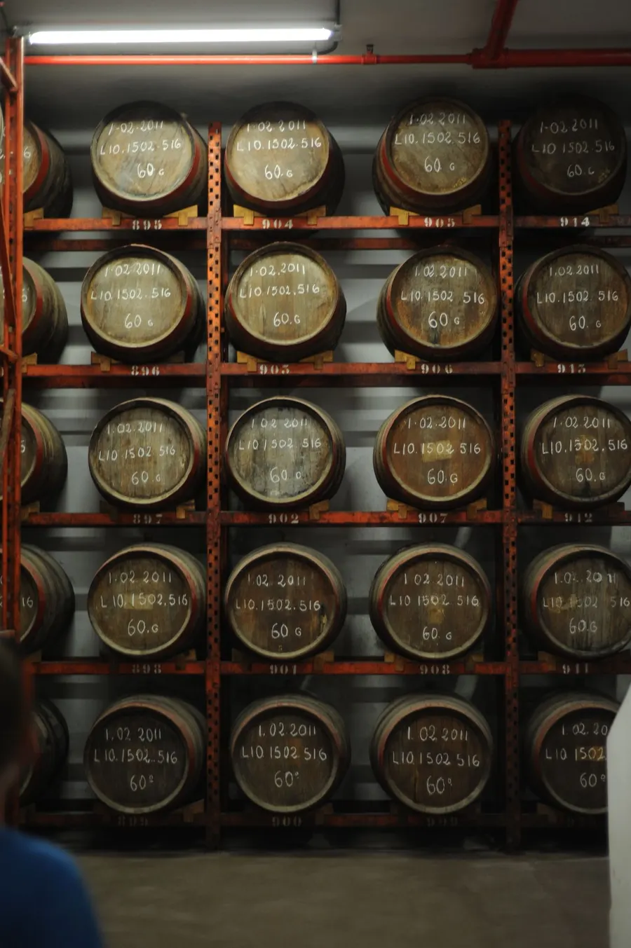 Stacked oak whisky barrels in a warehouse