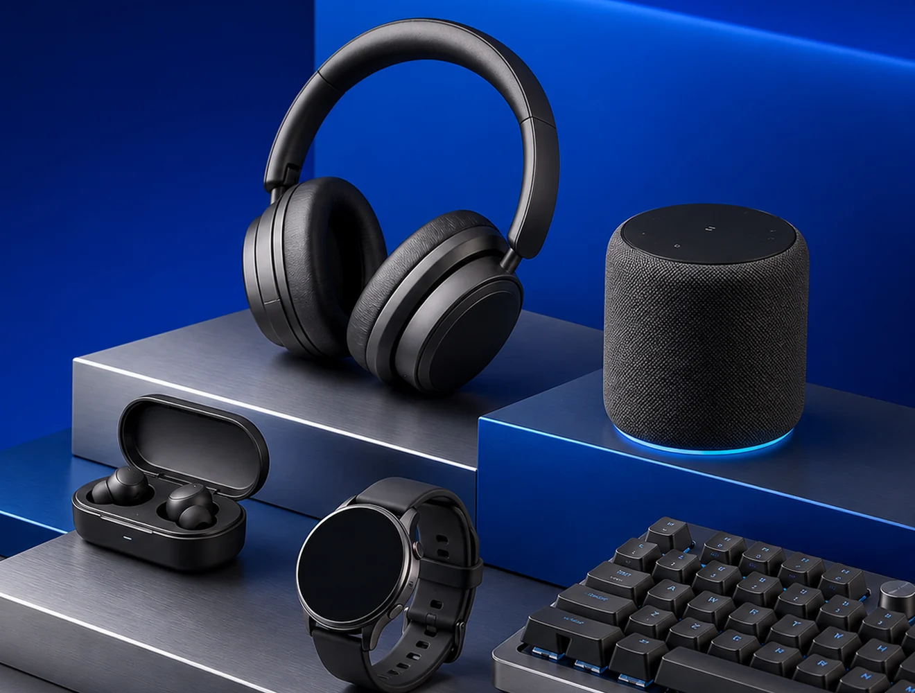 Fictional headphones, earbuds, watch, speaker and keyboard on blue studio plinths