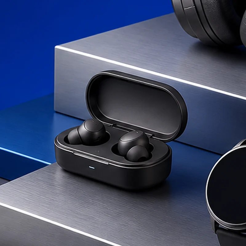 Fictional black wireless earbuds in their charging case