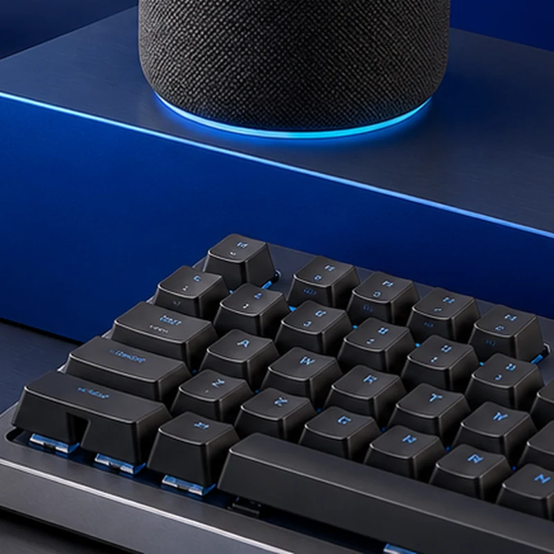 Fictional compact mechanical keyboard with blue switch lighting
