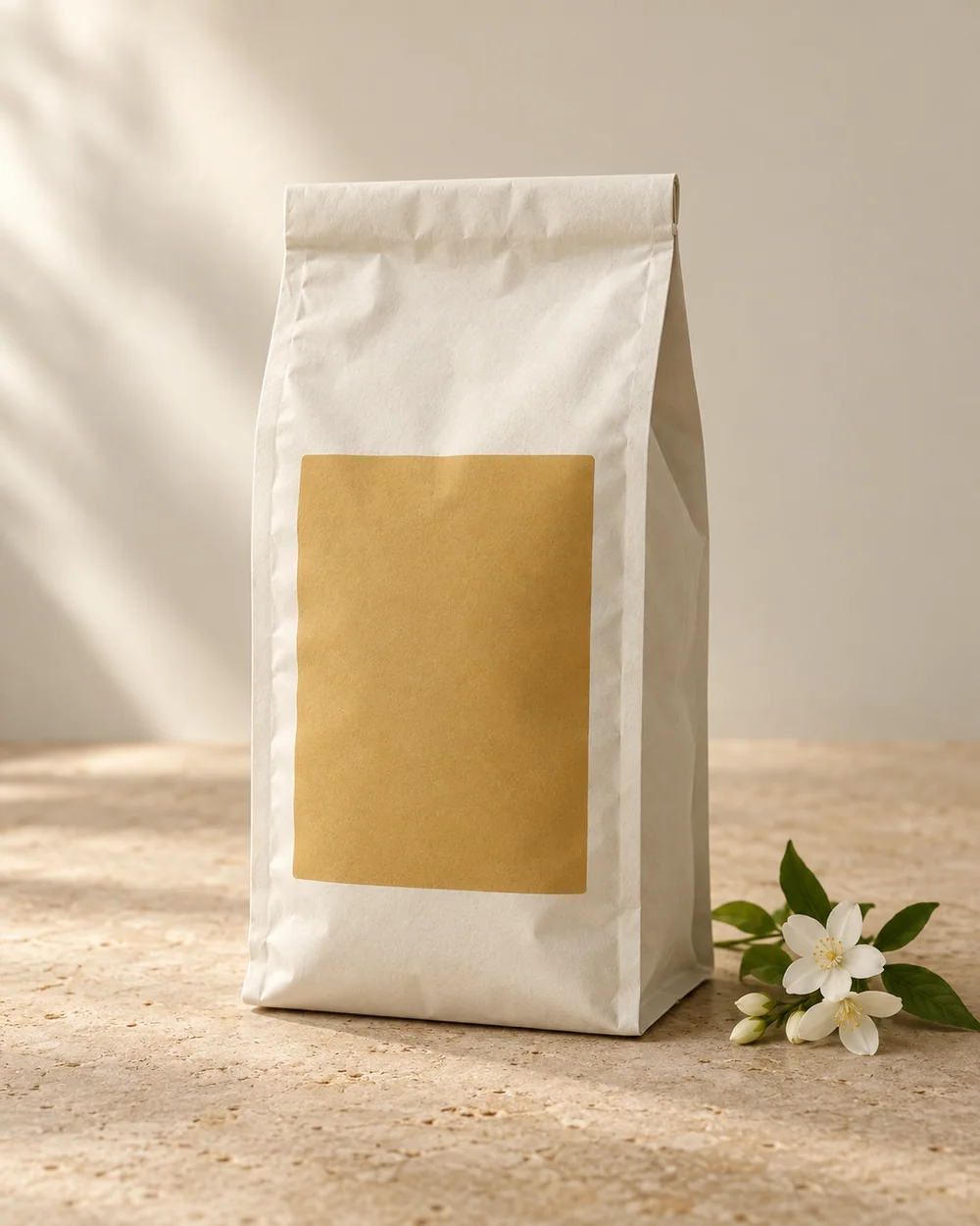 Ivory coffee pouch with an ochre label and a jasmine sprig