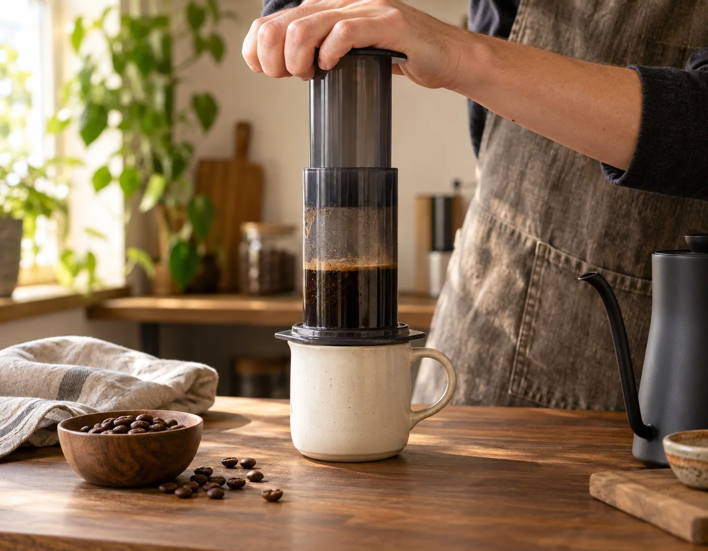 An AeroPress being gently pressed over a ceramic coffee mug