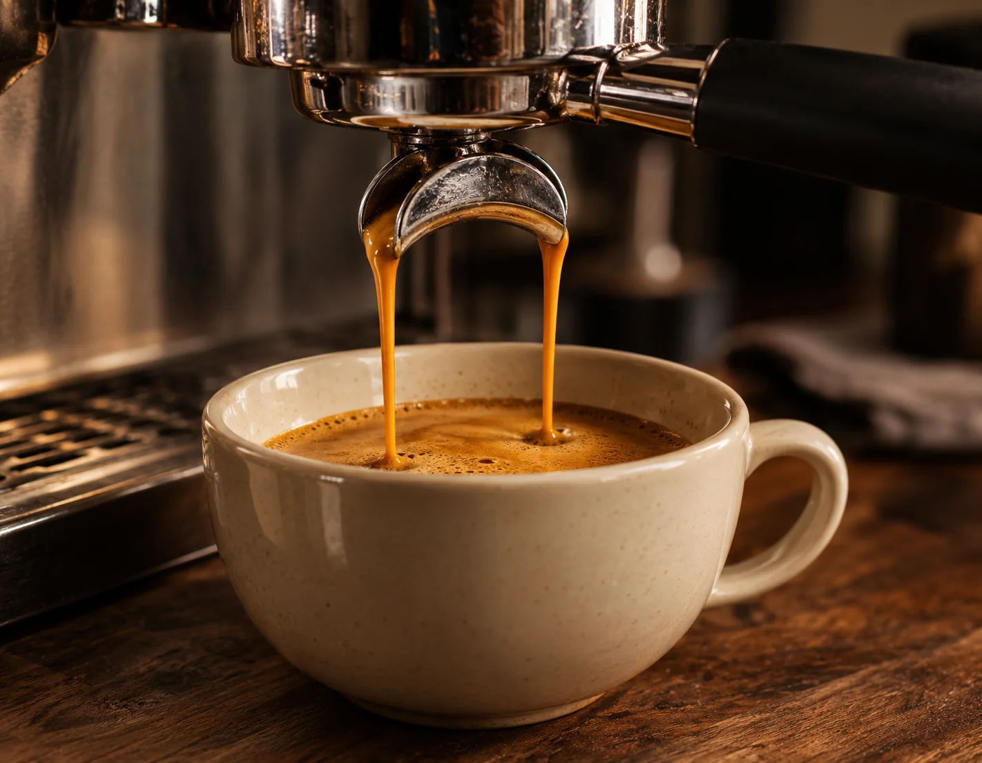 Two espresso streams falling into a ceramic cup