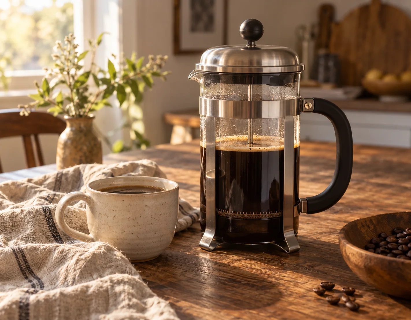 A glass French press and a cup of freshly brewed coffee