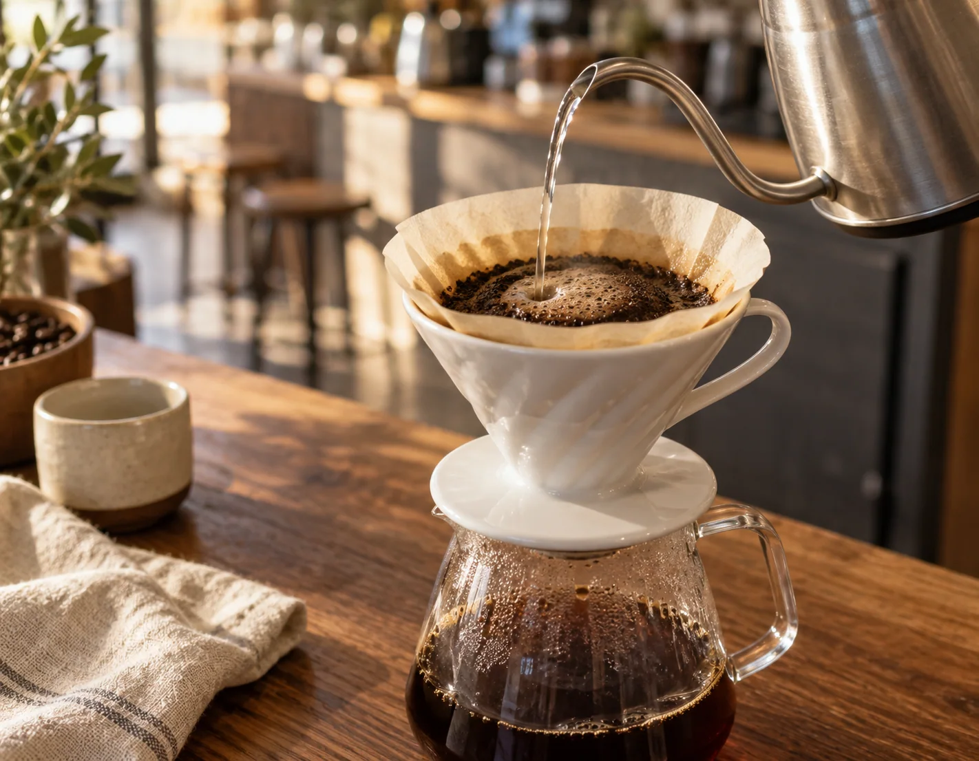 A gooseneck kettle pouring into a ceramic V60 coffee dripper