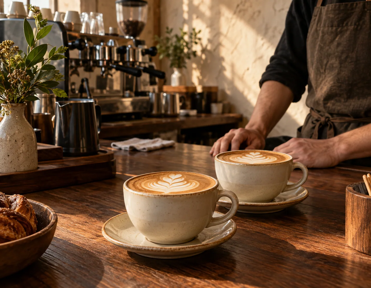 Two cups of coffee on a sunlit café counter