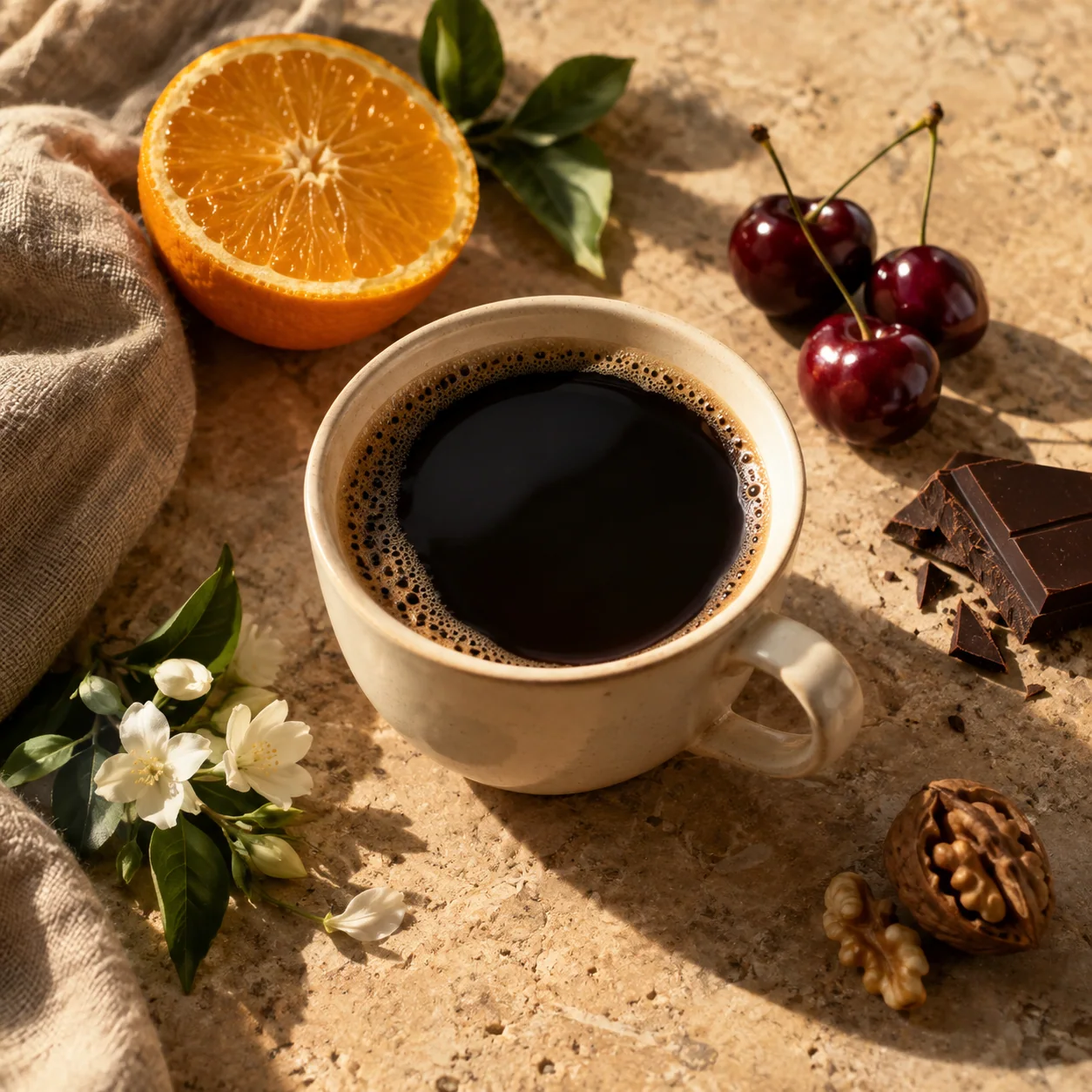 Black coffee surrounded by citrus, cherries, jasmine, chocolate and a walnut