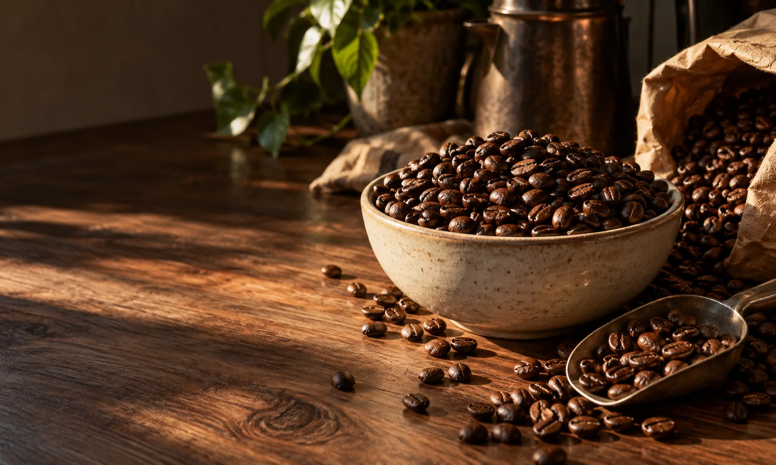 A bowl of roasted coffee beans beside a metal scoop