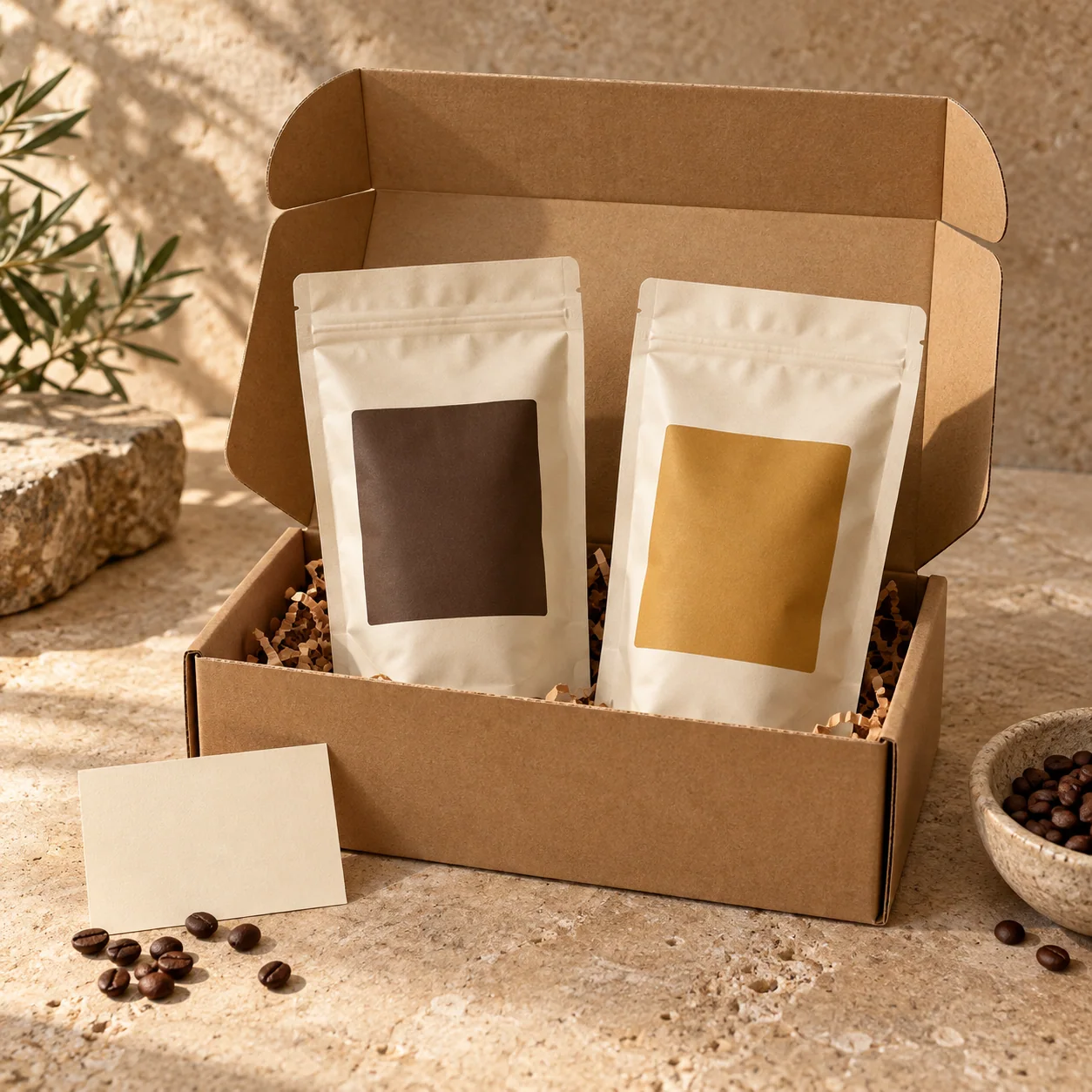 A coffee delivery box with bags of beans and a ceramic cup