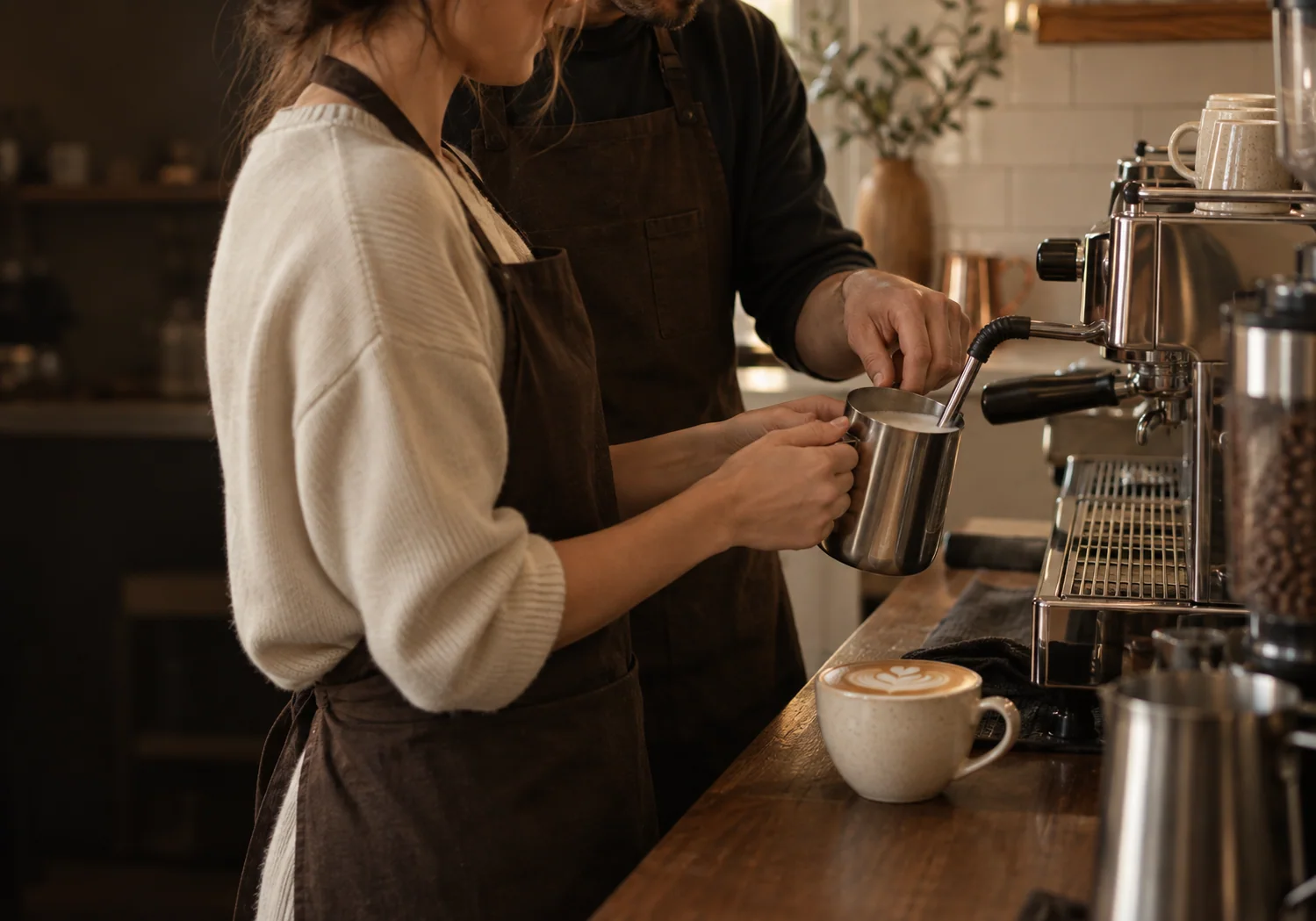 Two baristas practicing milk steaming at a café espresso machine
